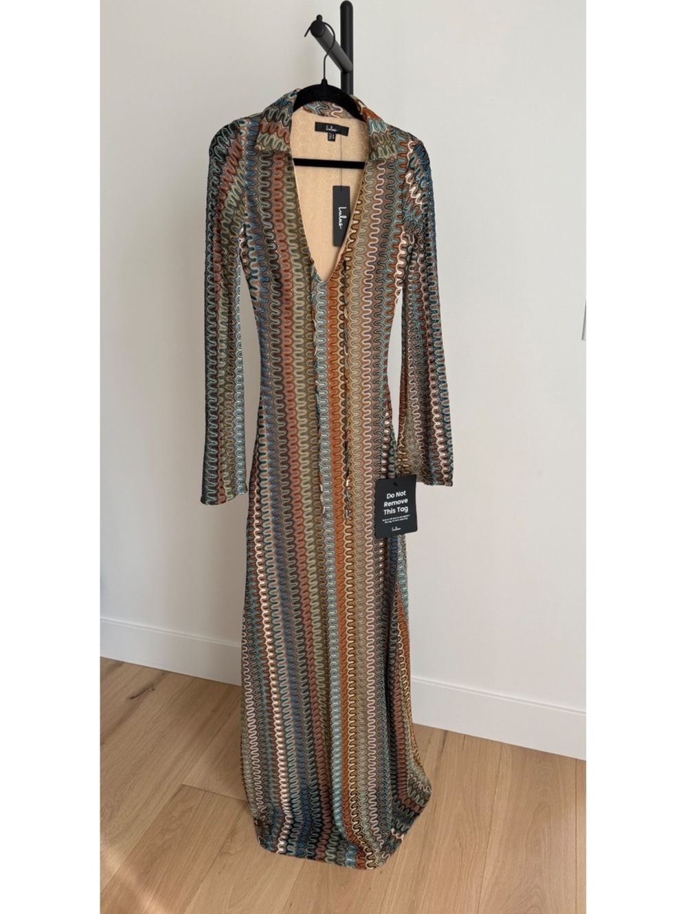 NWT Lulus Vernazza Brown Multi Crochet Collared Maxi Dress XS
